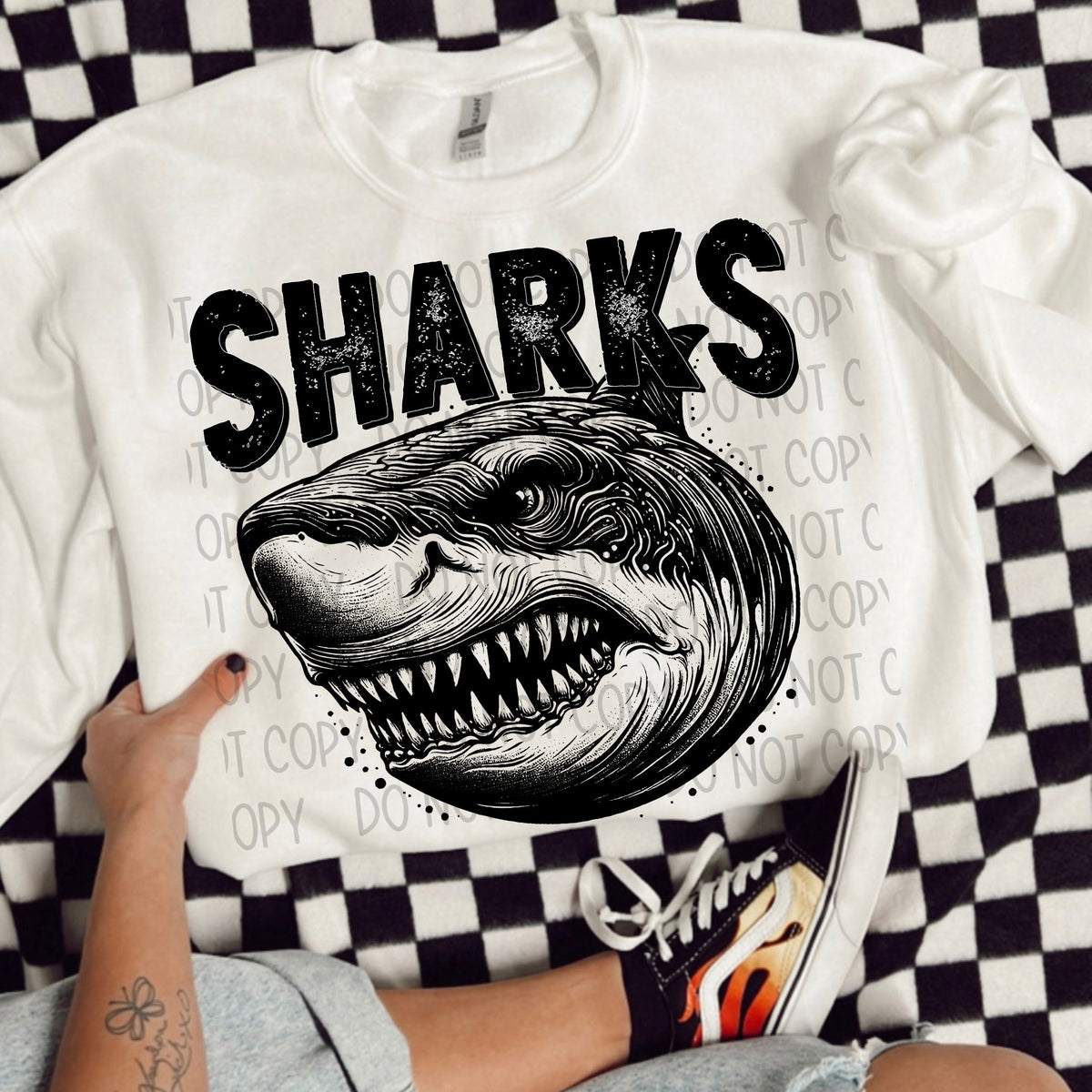 Sharks black/white outline DTF transfer