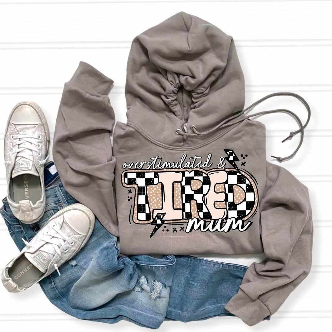 Overstimulated & tired mum tan and checkered (CSC) 84186 DTF transfer
