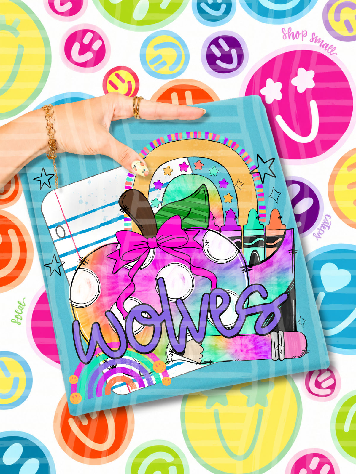 wolves tie dye apple with white dots and school stuff (CAPLINGER) DTF Transfer