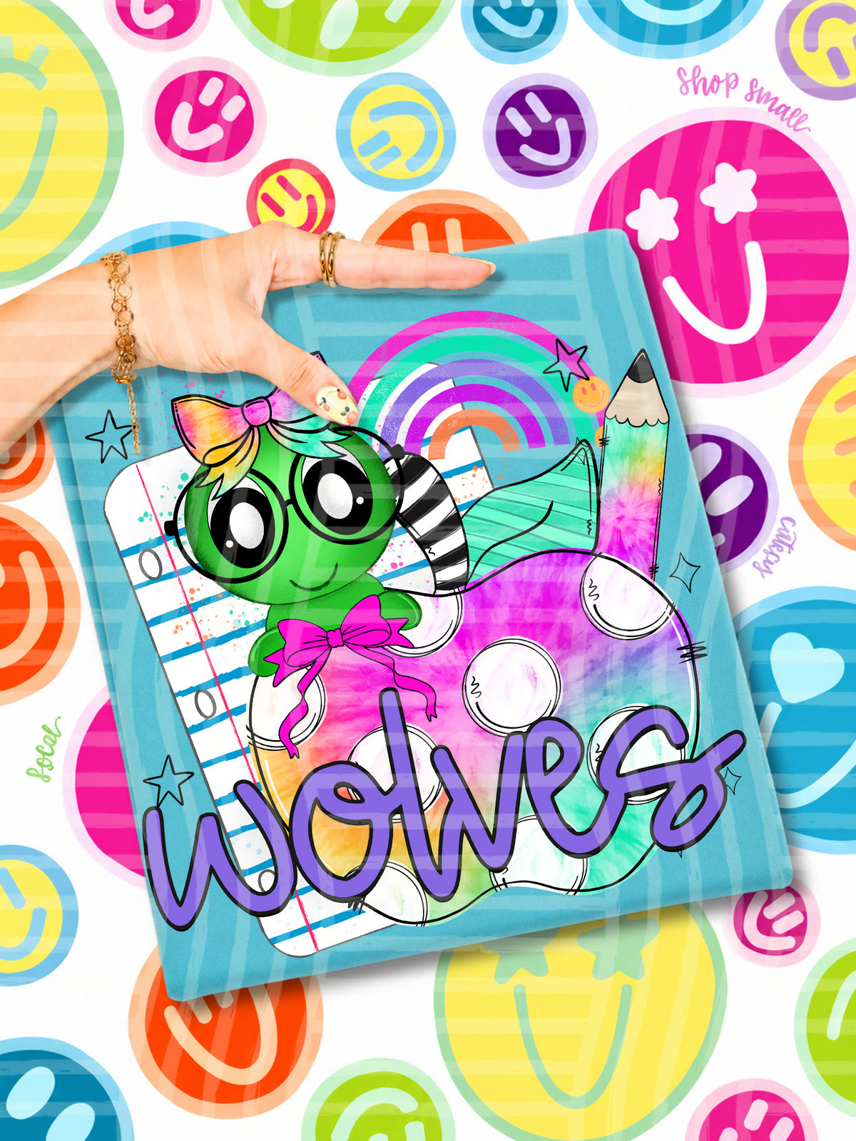 wolves tie dye apple with white dots & green bug (CAPLINGER) DTF Transfer