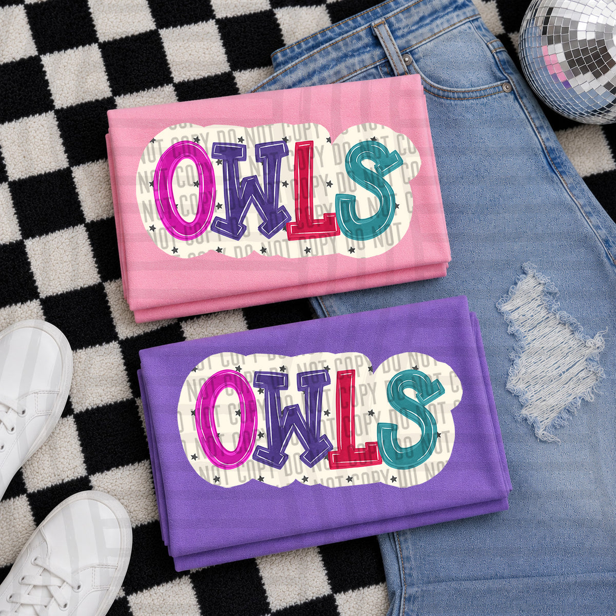 owls bubble around letters with small stars (Caplinger) DTF Transfer