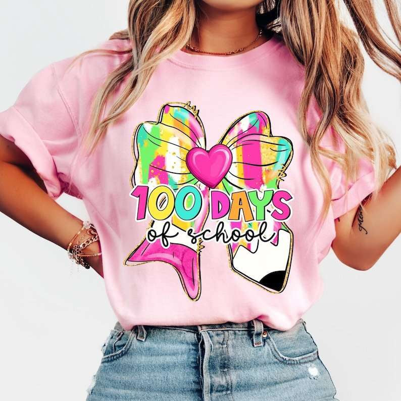 100 days of school colorful pencil bow 77636 DTF transfer