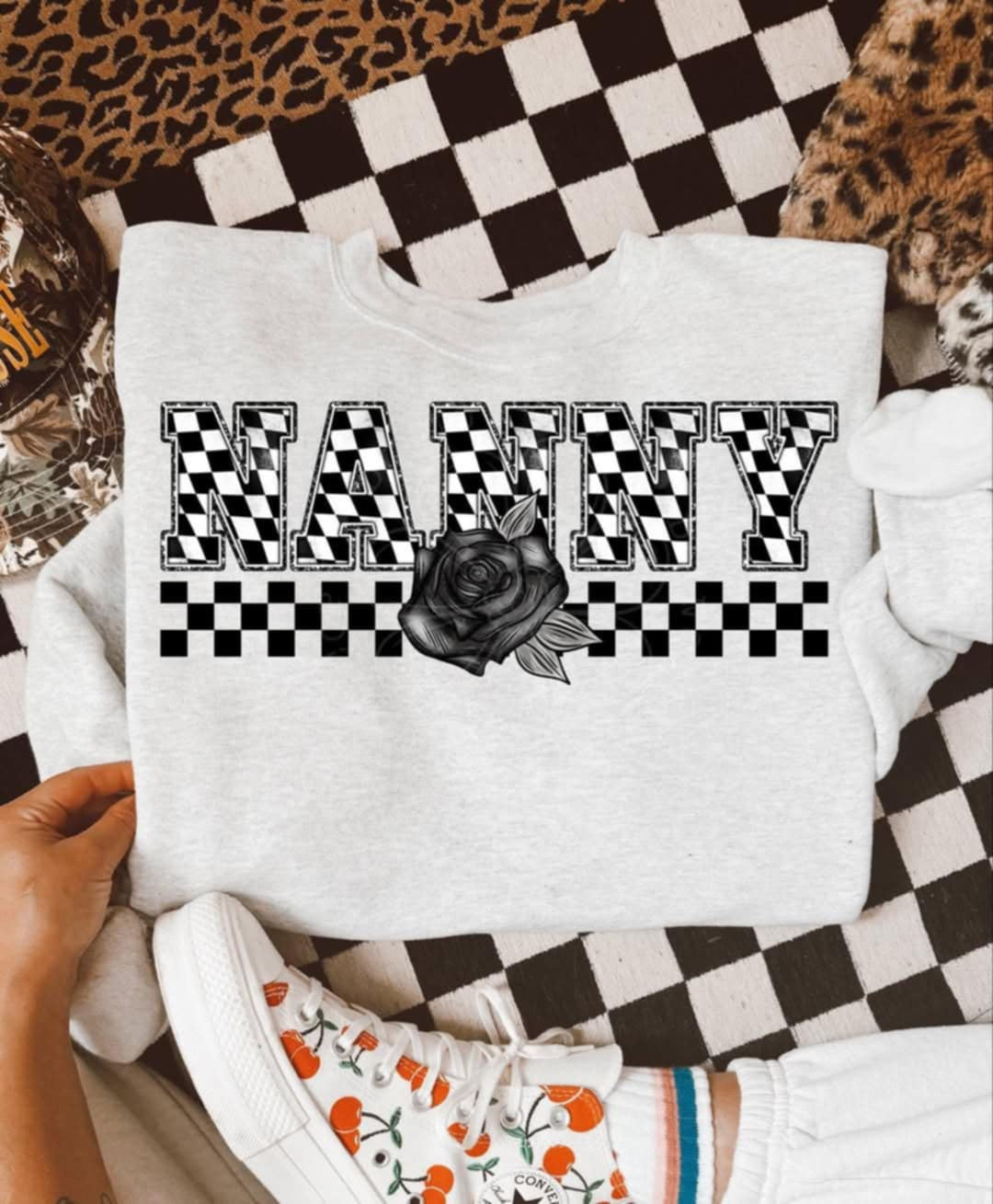 Nanny checkered with black rose (Unhinged) 99330 DTF transfer