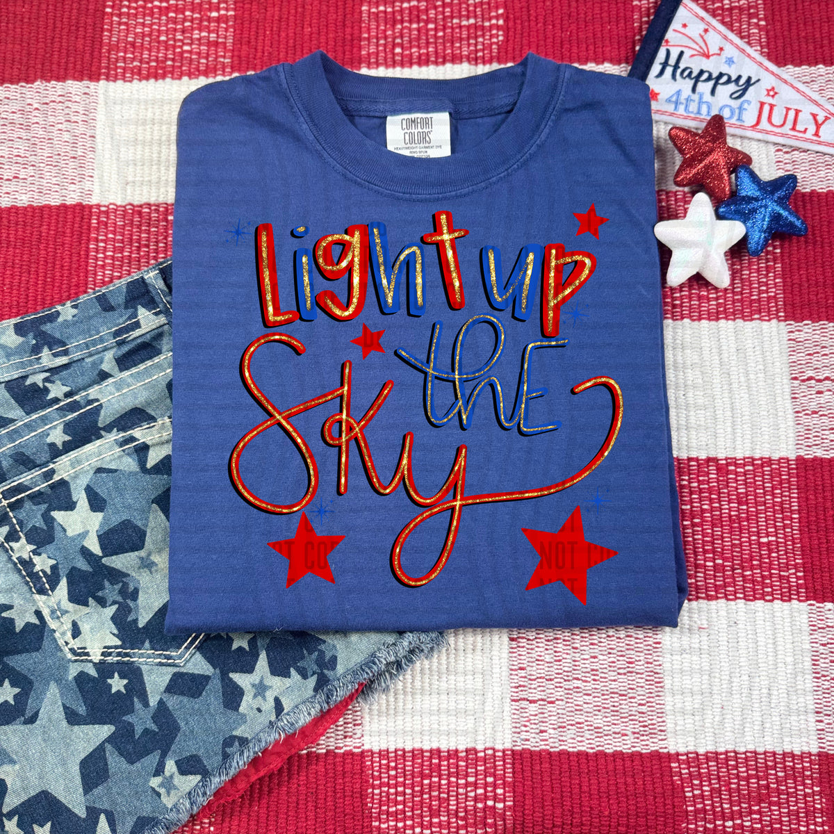 light up the sky red and blue words and red stars (caplinger) DTF Transfer