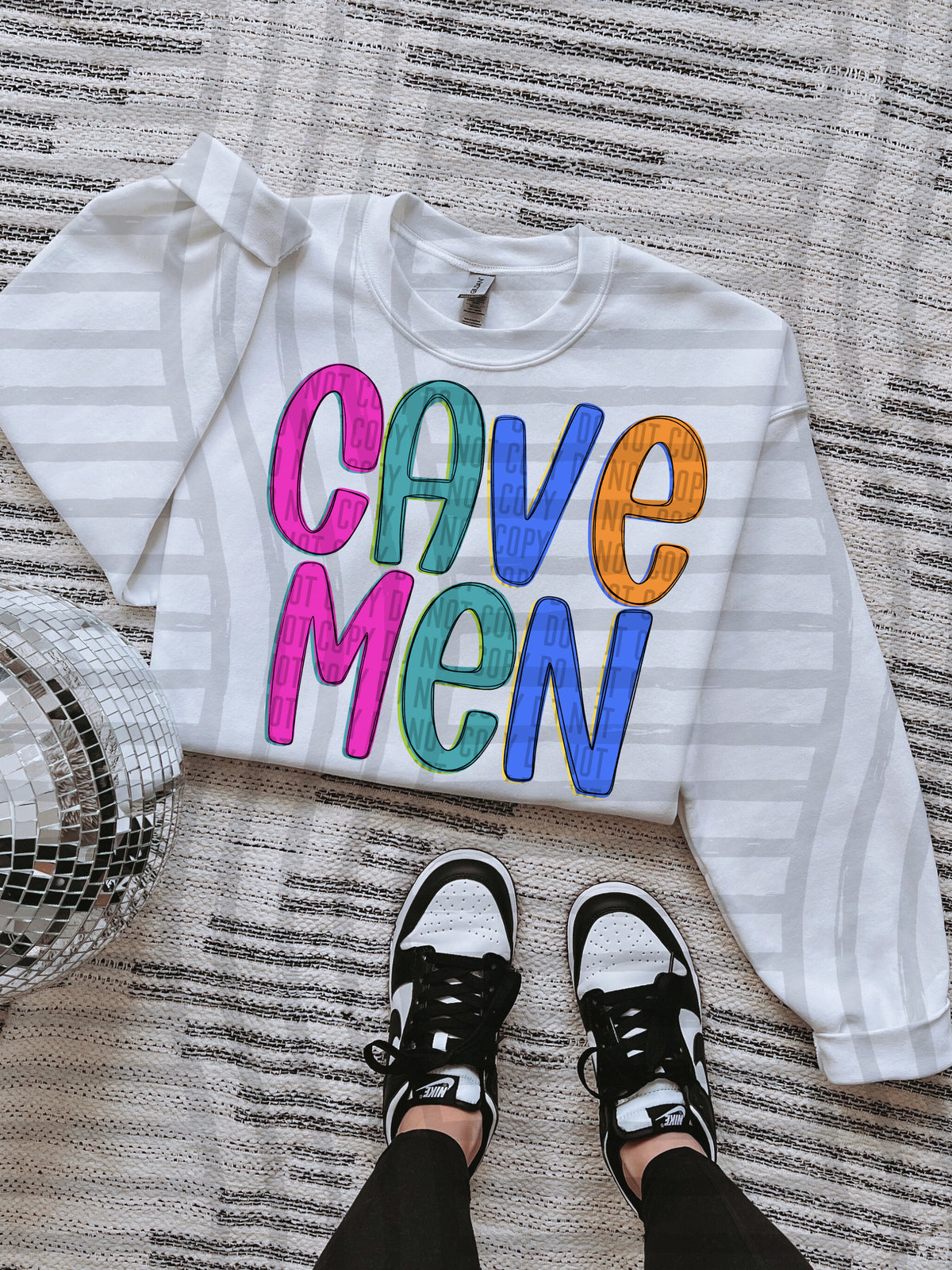 green, blue, pink and orange cavemen stacked (Caplinger) DTF Transfer