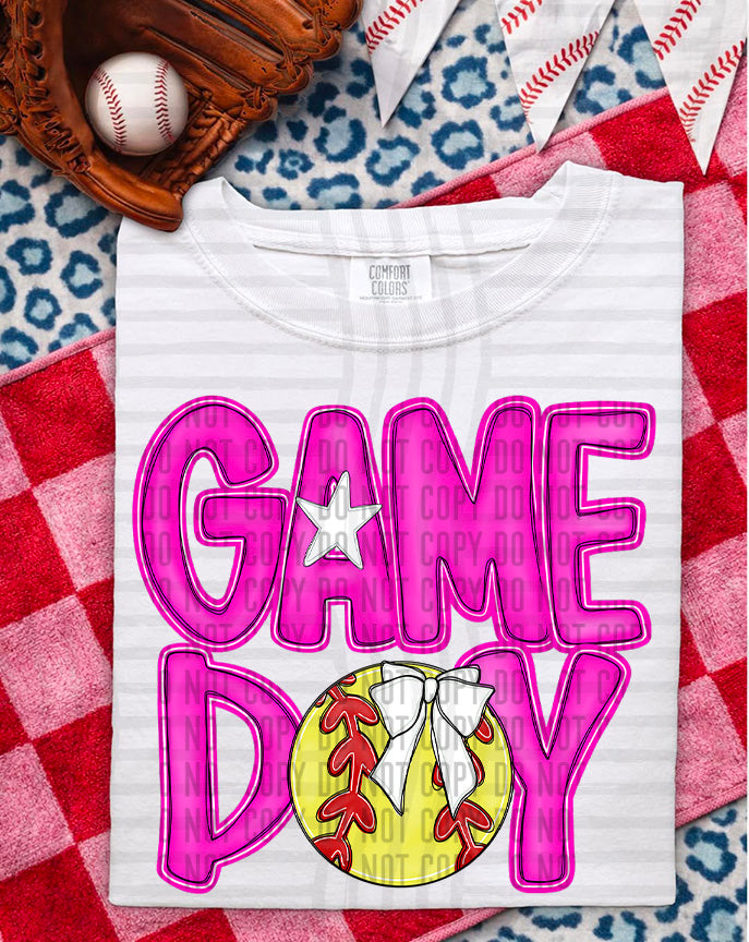pink game day baseball white bow (Caplinger) DTF Transfer
