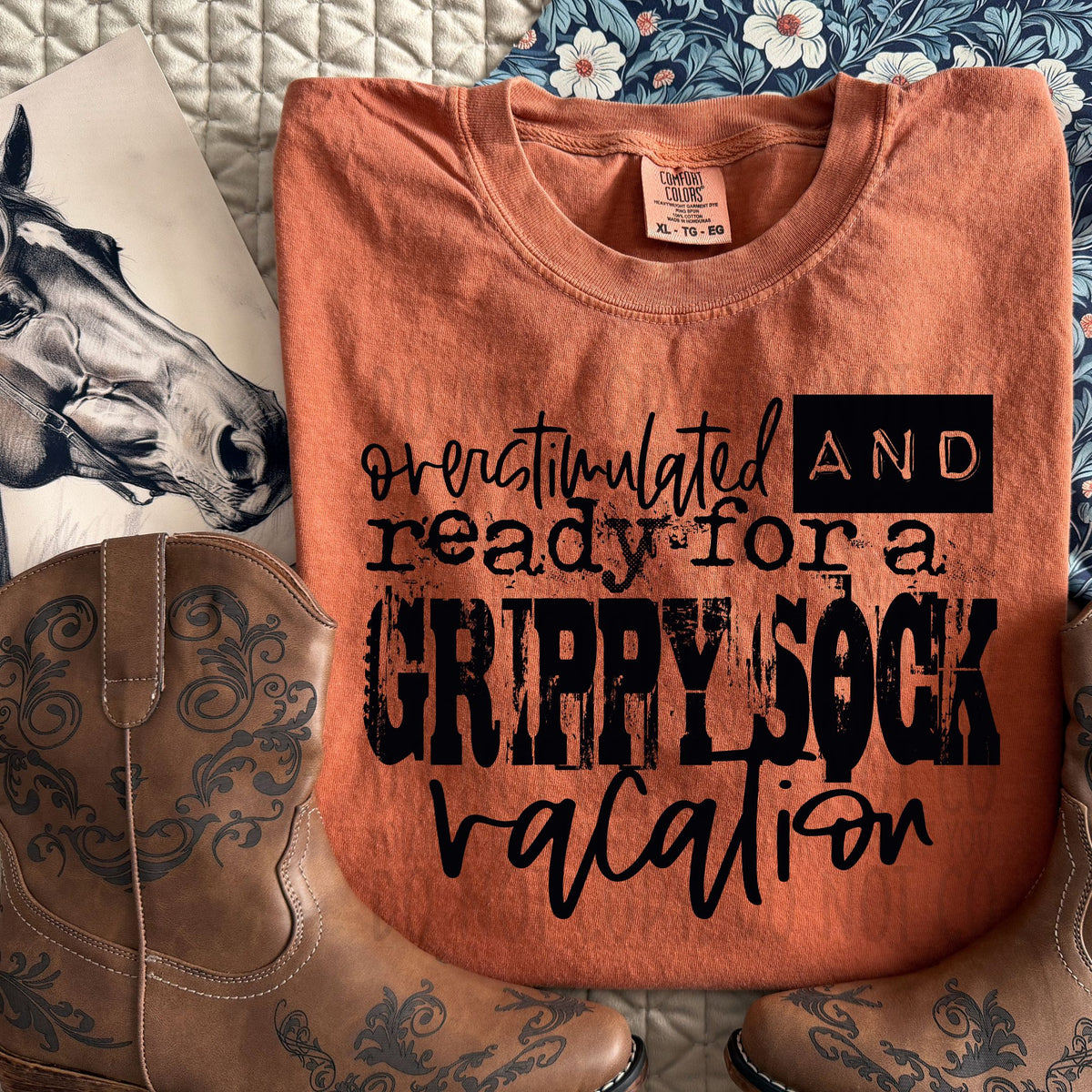Overstimulated and ready for a grippy sock vacation BLACK (SWD) DTF Transfer