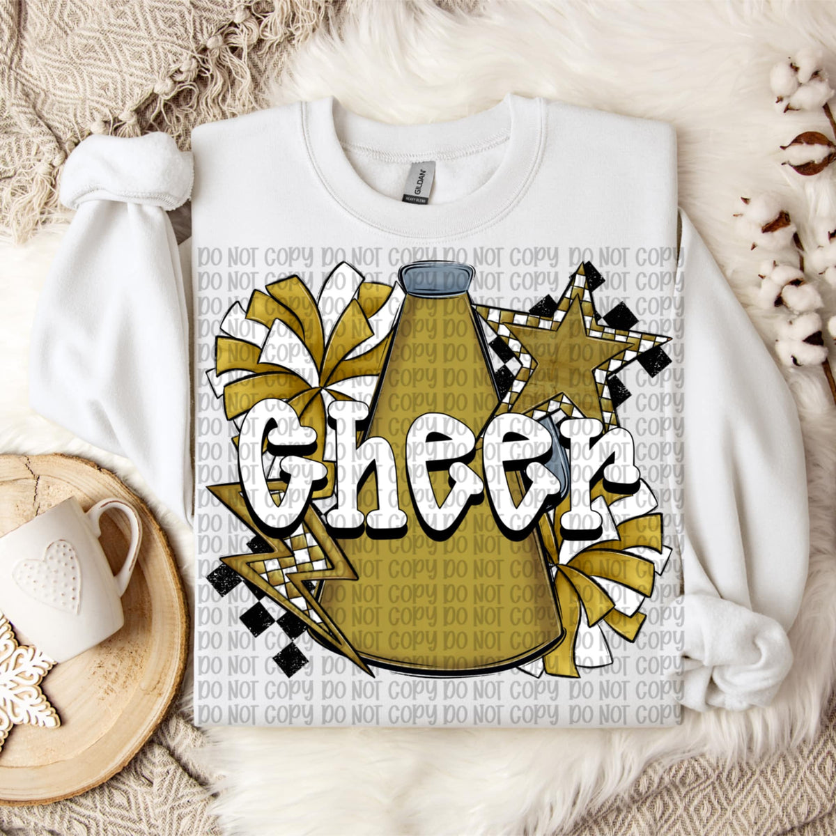Cheer white words GOLD megaphone and pom poms VP DTF transfer