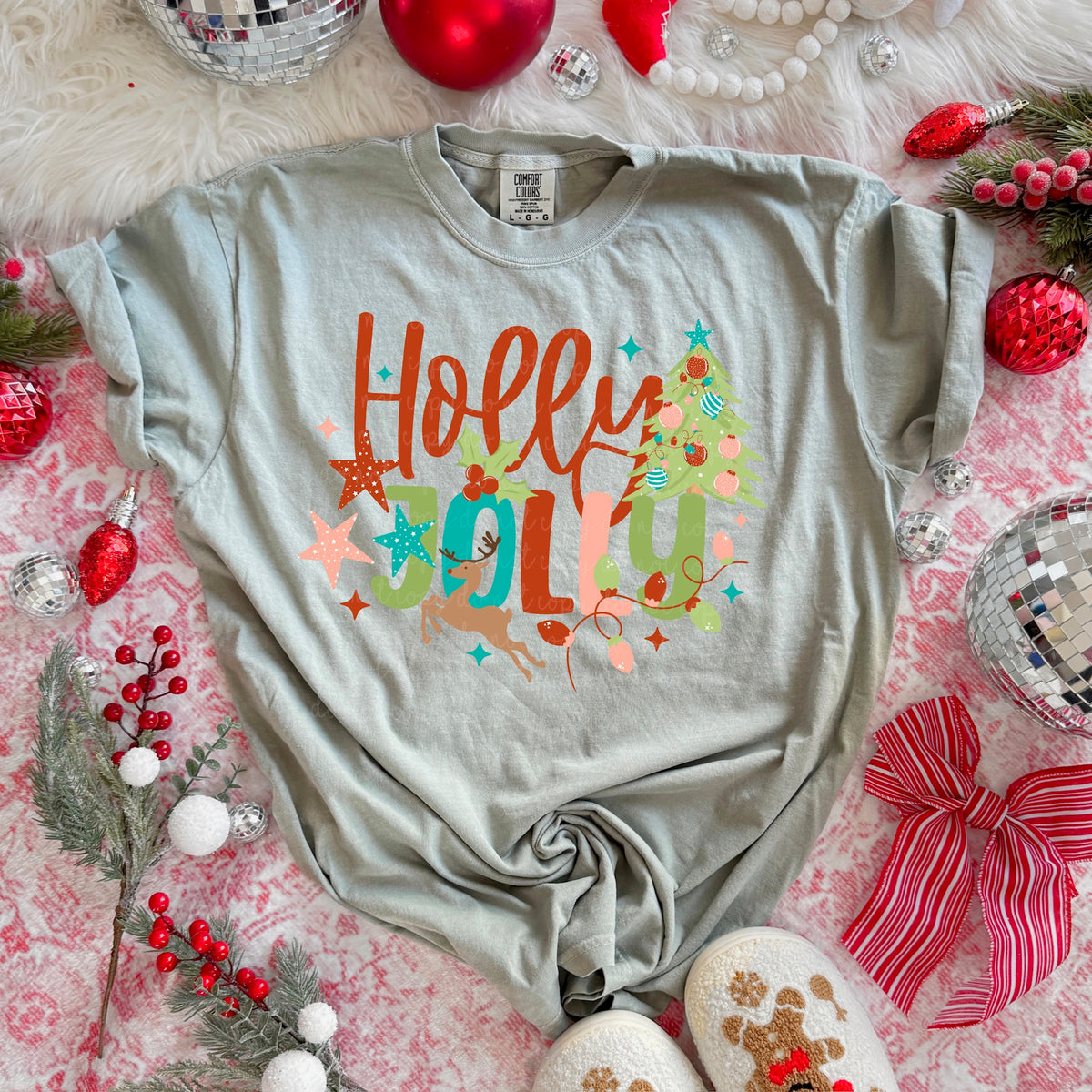 Holly Jolly exclusive with tree lights and deer DTF Transfer