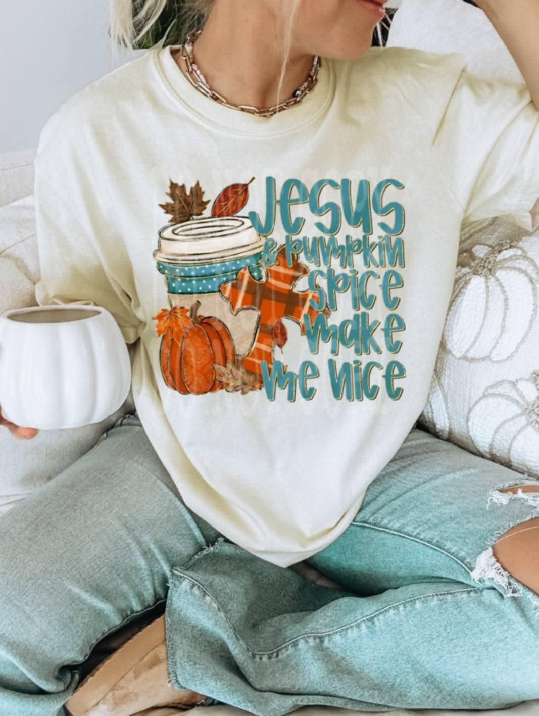 Jesus and Pumpkin Spice coffee and cross (PH) DTF transfer