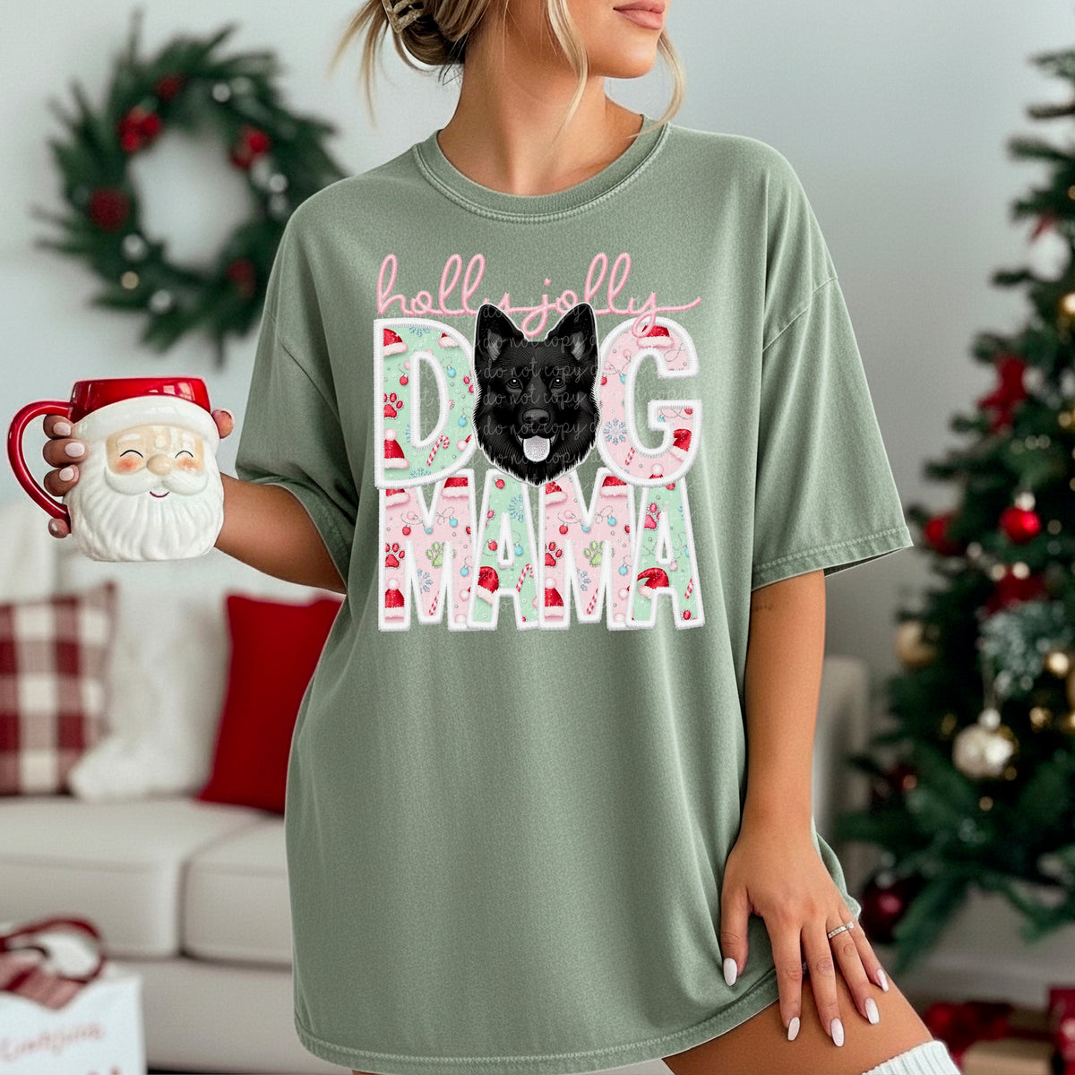 German Shepherd black Holly Jolly Dog Mama 115638 DTF Transfer
