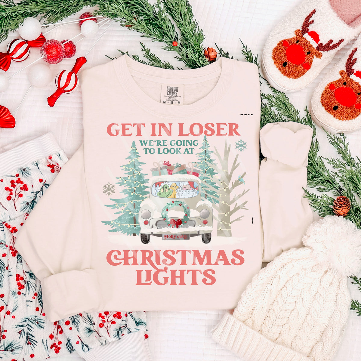 Get in losers we’re going to see Christmas lights (mint and red words) 113922 DTF transfer