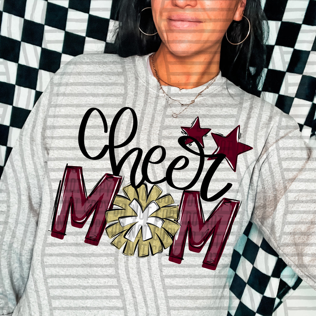 cheer mom maroon with gold pompom and stars (Caplinger) DTF transfer