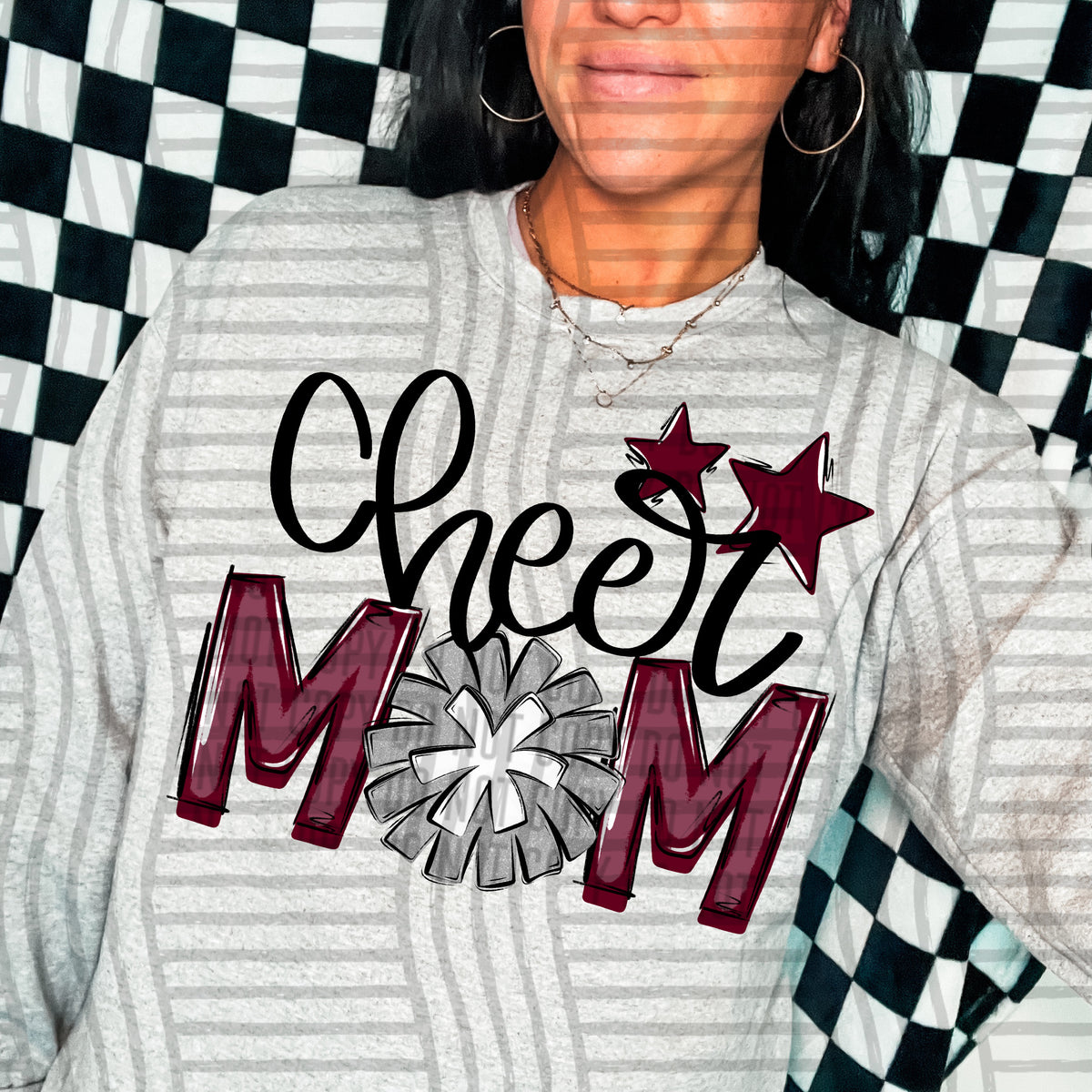 cheer mom maroon with silver pompom and stars (Caplinger) DTF transfer