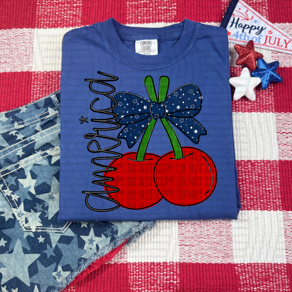 america red cherries with blue bow and white stars on bow (caplinger) DTF Transfer