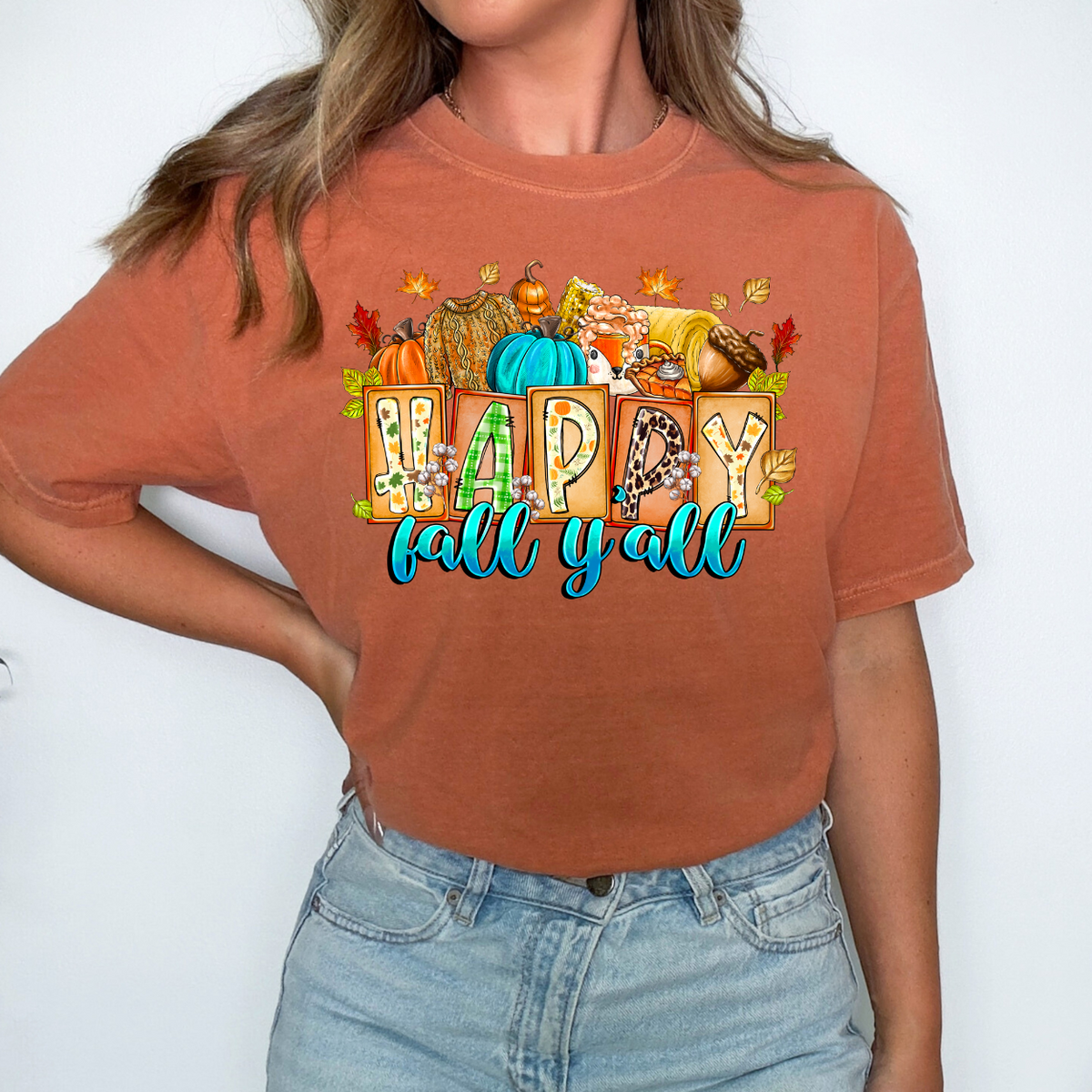 Happy Fall Y'all block letters (RD) DTF transfer