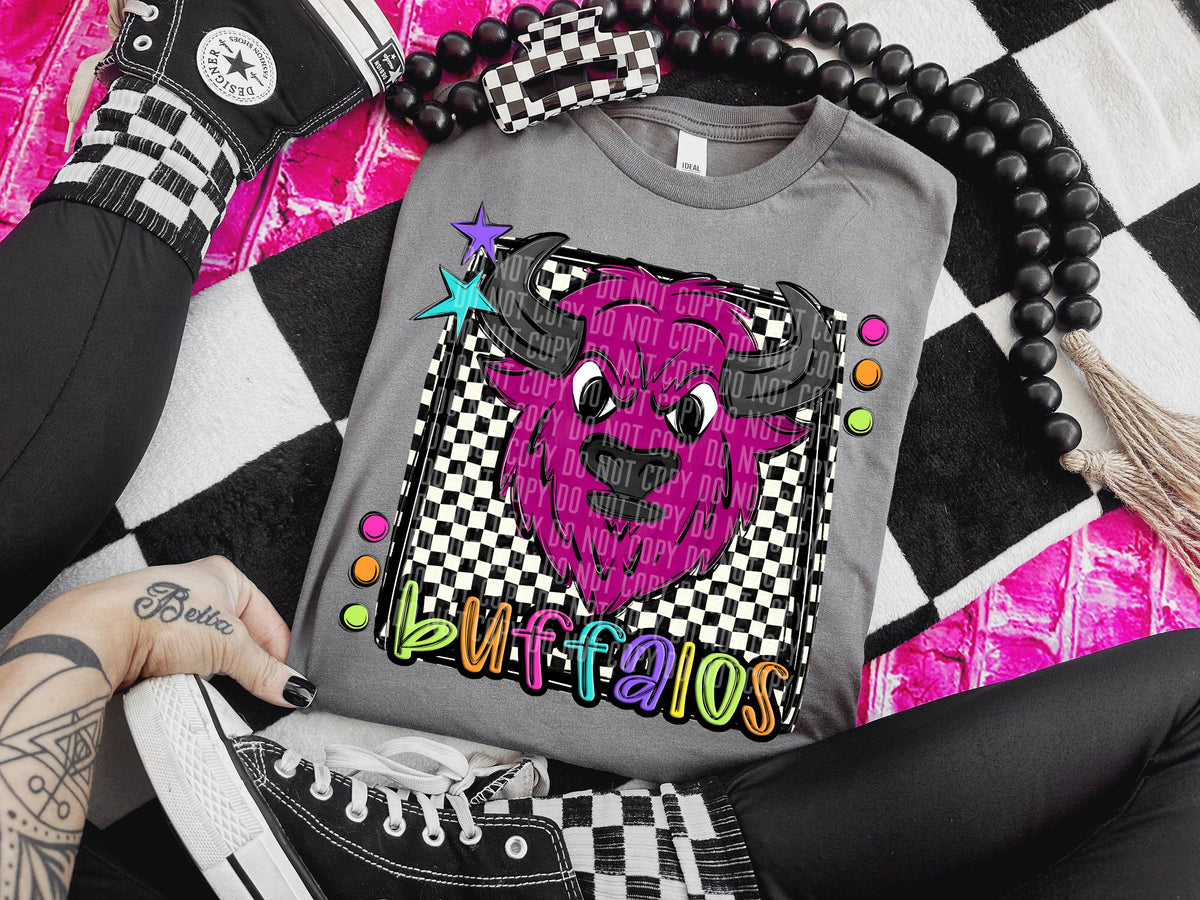 Checkered Preppy Bright Buffalos Pink Black horns (Caplinger) DTF transfer