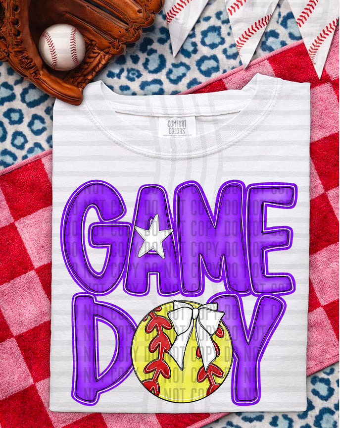 purple game day baseball white bow (Caplinger) DTF Transfer