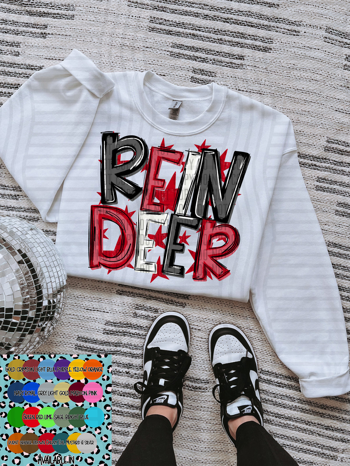 reindeer black white and red with red stars (Caplinger) DTF Transfer