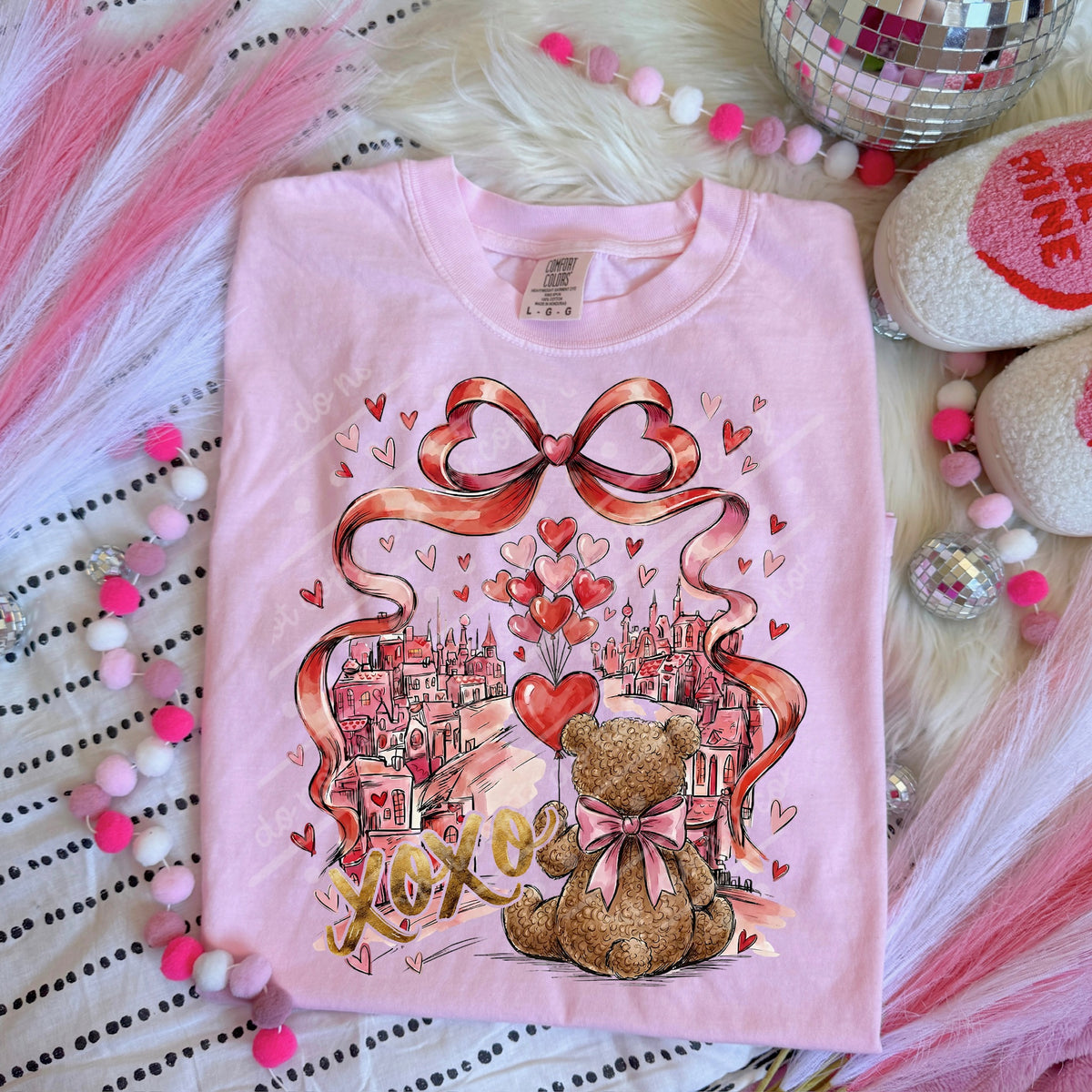 Valentine Bear village and red bow DTF transfer