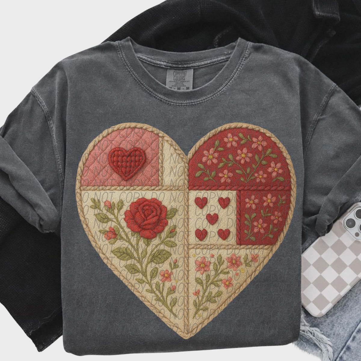 Pink and tan rose patchwork heart (city) DTF transfer