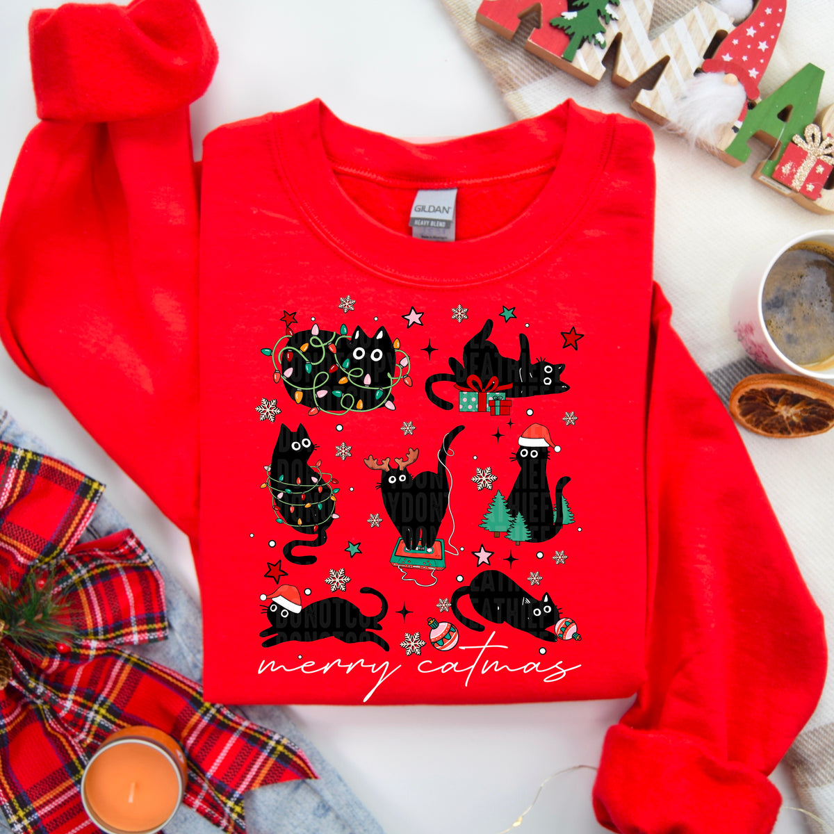 merry catmas black cat christmas WHITE 111140 DTF transfer