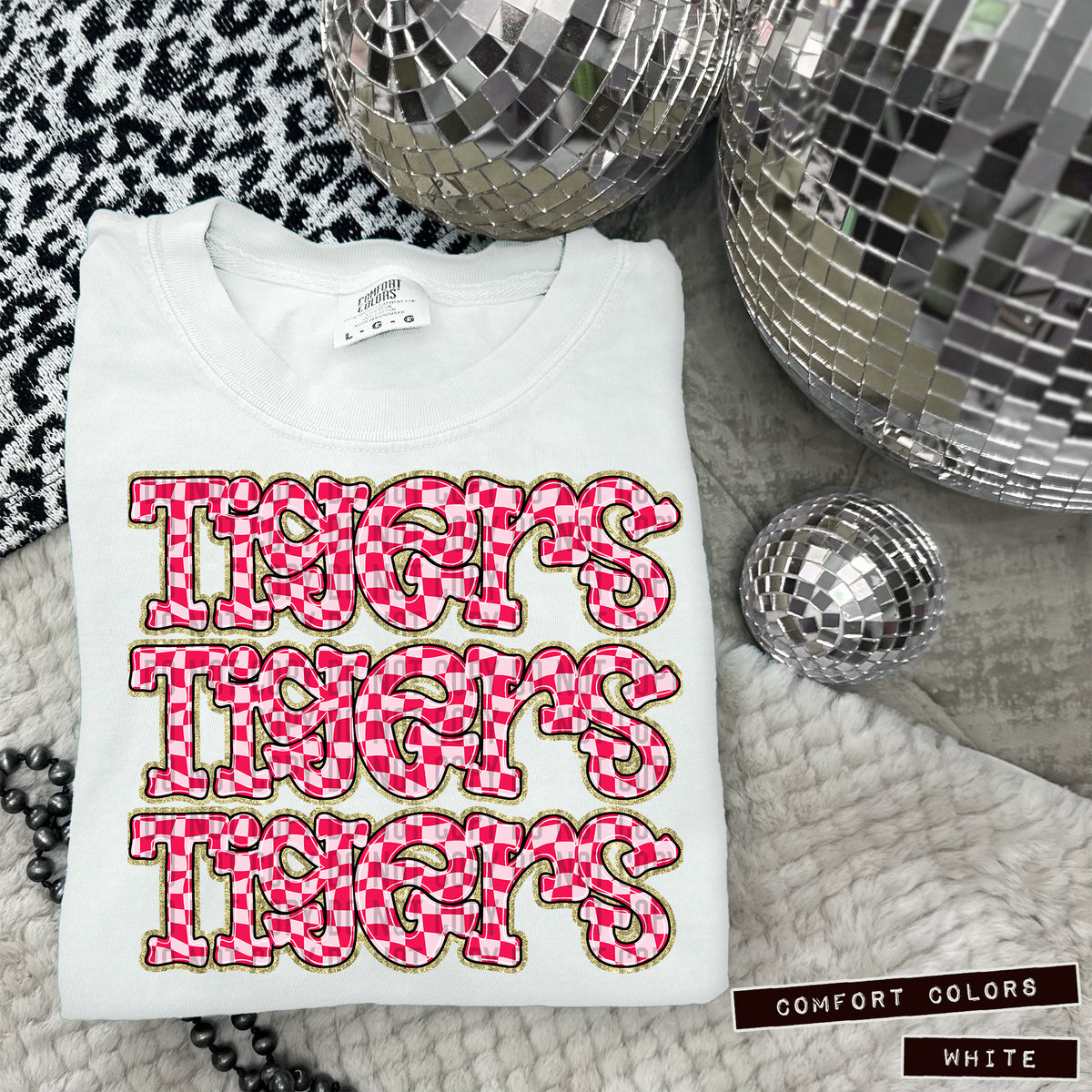 TIGERS stacked pink checkered (Caplinger) DTF transfer