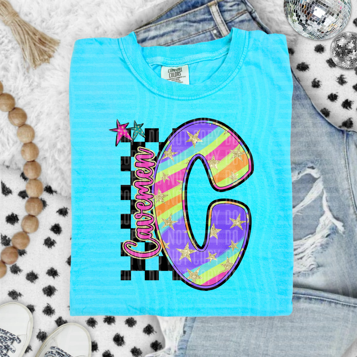 Cavemen Colorful Retro Rainbow Letter C With Stars And Checker 108099 DTF transfer