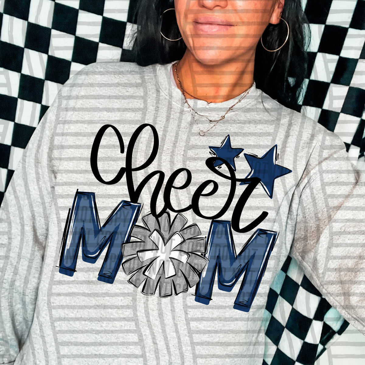 cheer mom navy with silver pompom and stars (Caplinger) DTF transfer