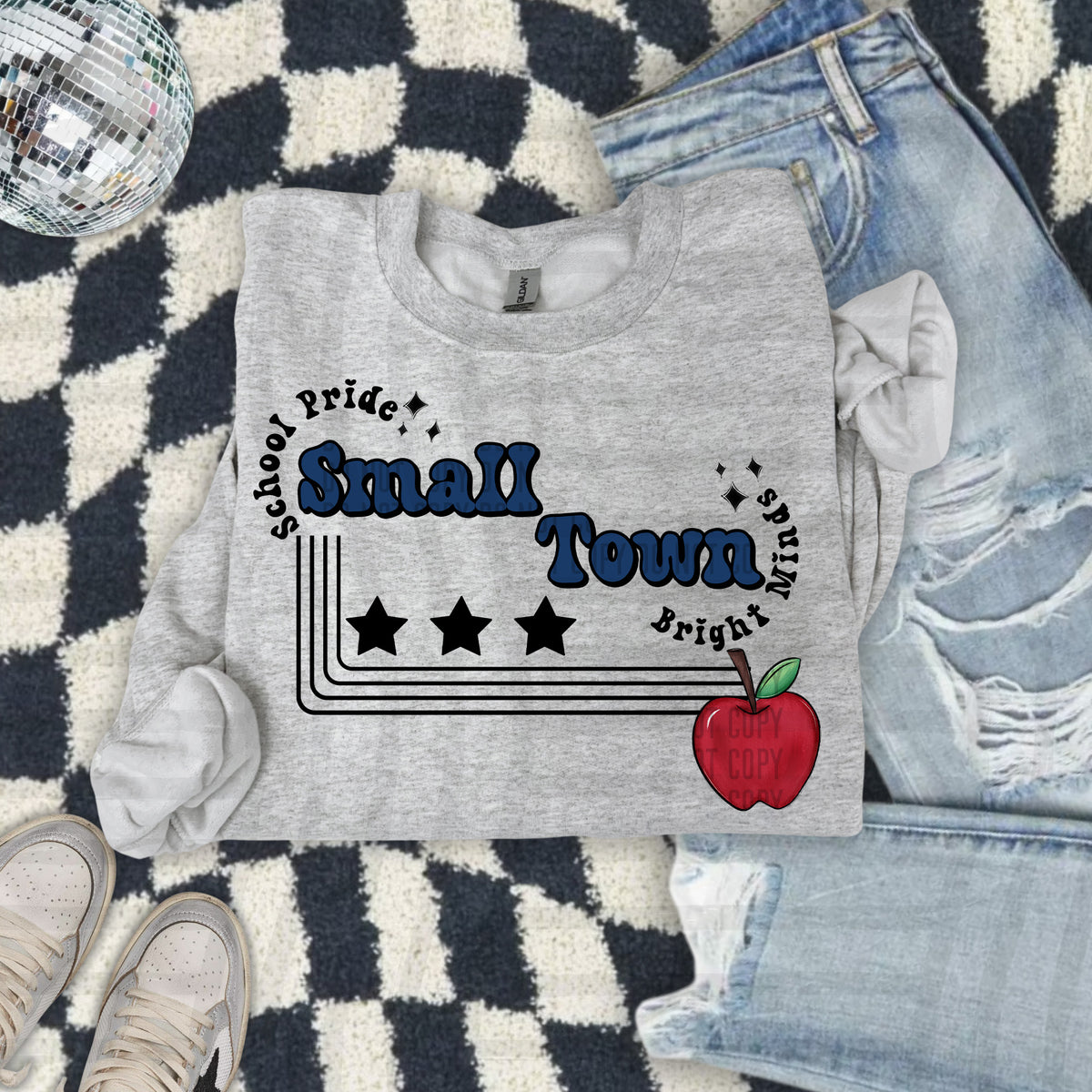 Small town bright minds apple NAVY (Caplinger) DTF Transfer