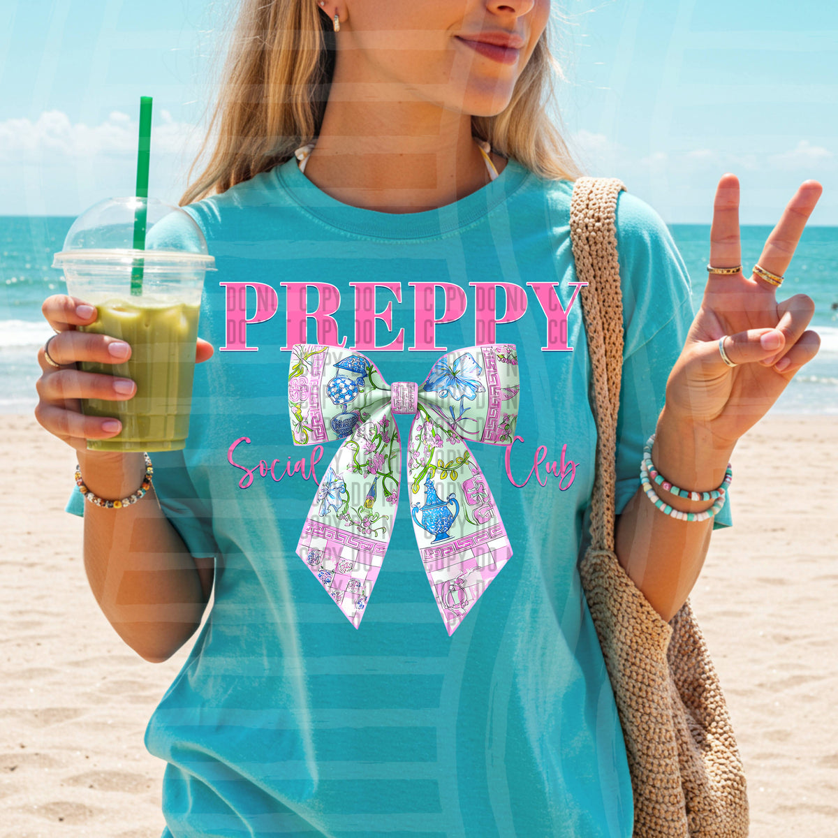 preppy social club pink blue and green print bow (caplinger) DTF transfer