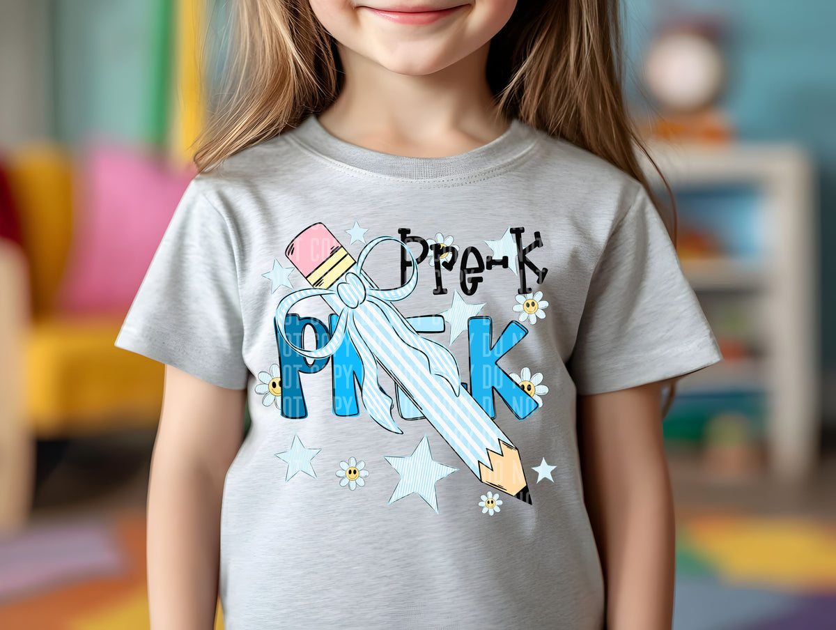 Pre-k blue pencil bow (Caplinger) DTF transfer