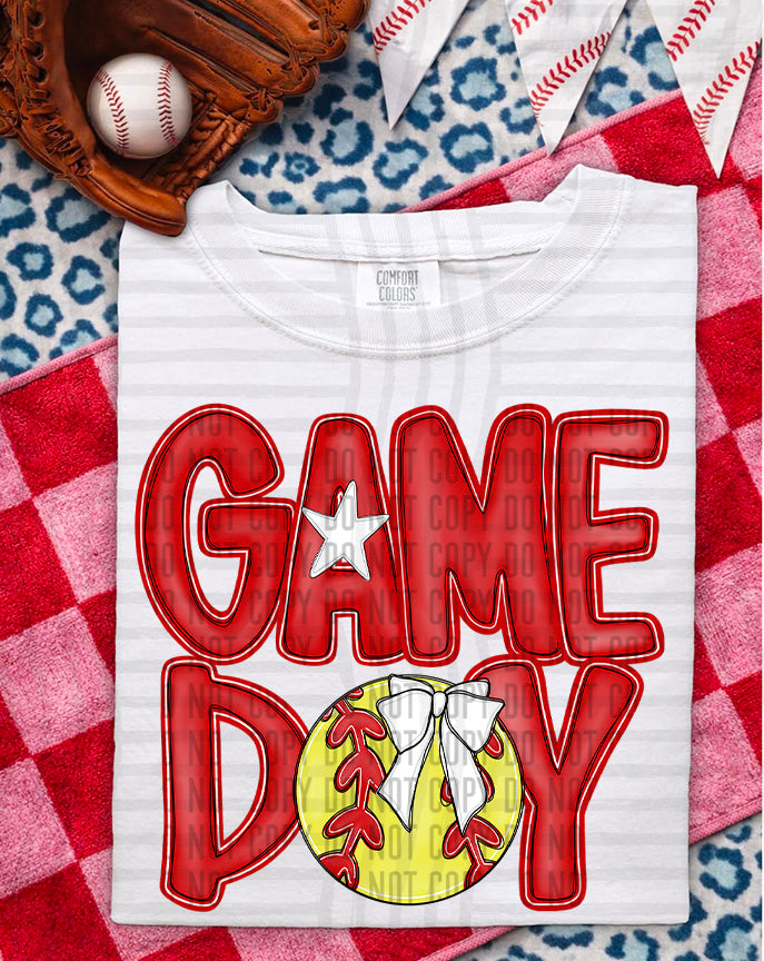 red game day baseball white bow (Caplinger) DTF Transfer