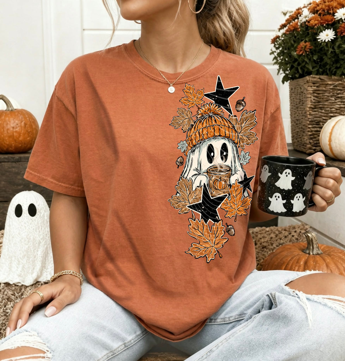 Ghost with coffee black stars SLEEVES (SBB) DTF Transfer