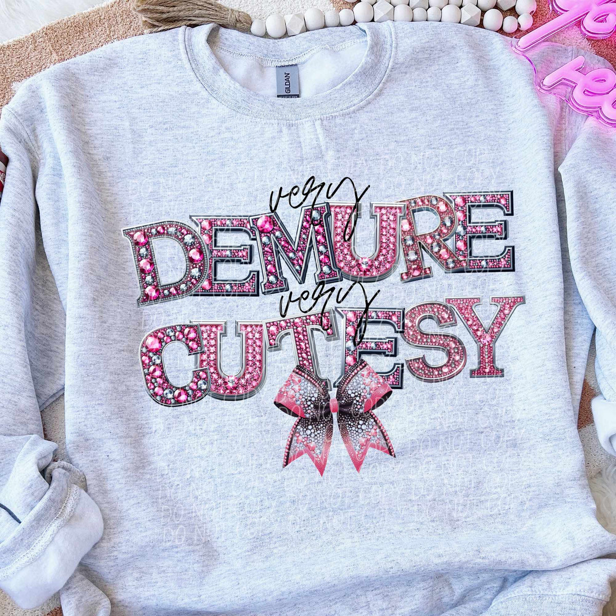 Very demure very cutesy pink rhinestone and bow 55717 DTF transfer