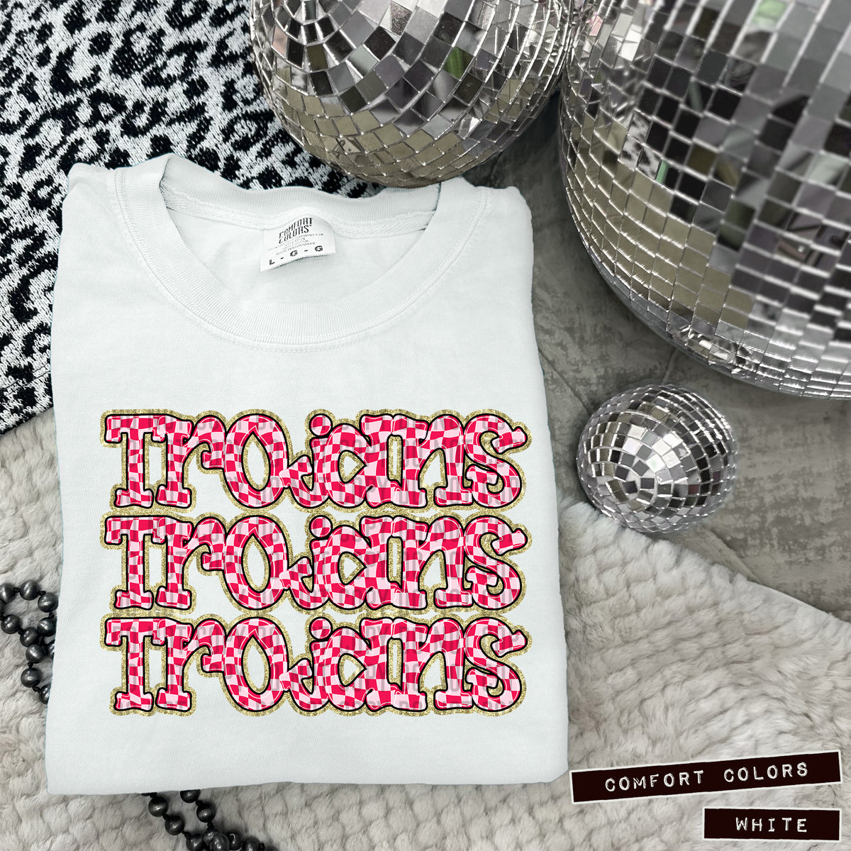 TROJANS stacked pink checkered (Caplinger) DTF transfer