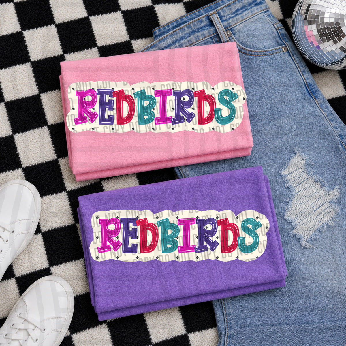 red birds bubble around letters with small stars (Caplinger) DTF Transfer