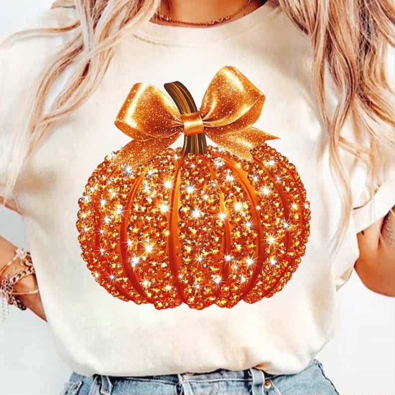 Orange Sparkly Pumpkin and bow DTF transfer