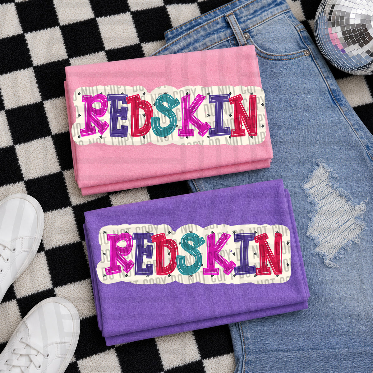 red skins bubble around letters with small stars (Caplinger) DTF Transfer