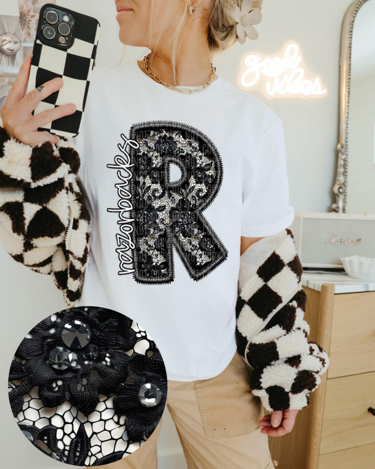 R razorbacks lace letter (Caplinger) 90120 DTF transfer