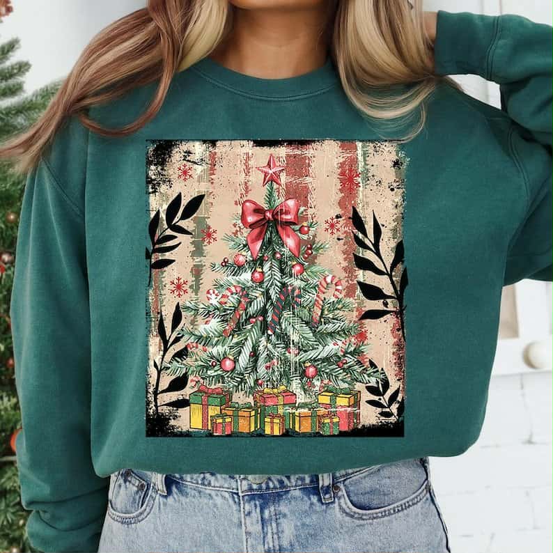 Pine tree with red bow and presents DTF transfer