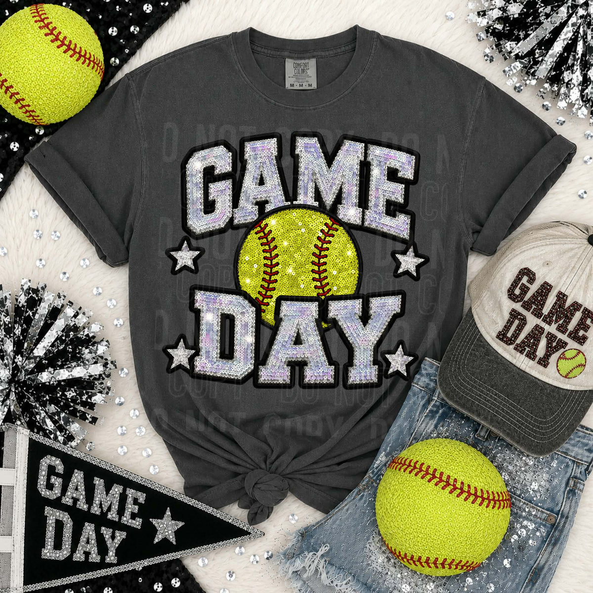 Game Day softball silver sequins SBB DTF Transfer