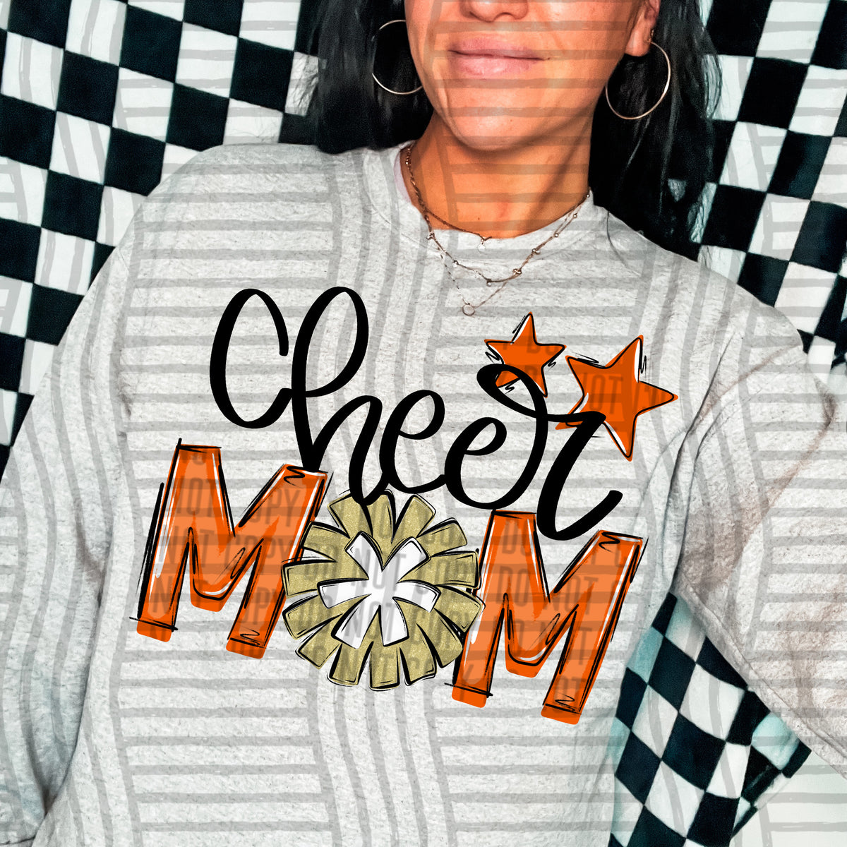 cheer mom orange with gold pompom and stars (Caplinger) DTF transfer