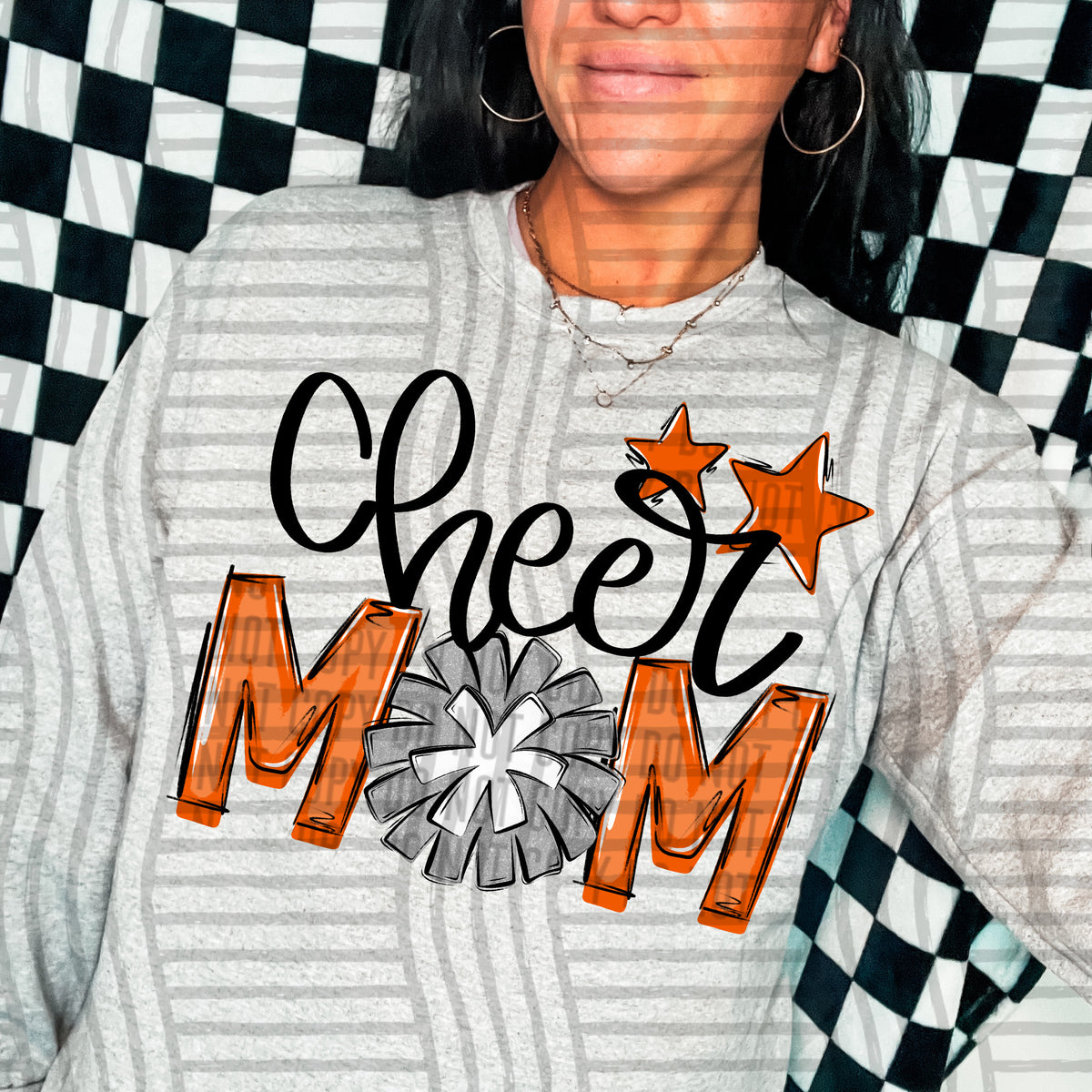 cheer mom orange with silver pompom and stars (Caplinger) DTF transfer
