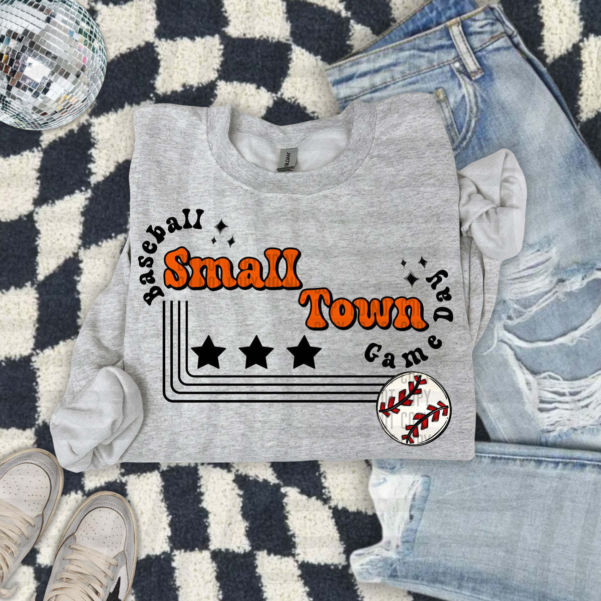 Small town baseball with stars ORANGE (Caplinger) DTF Transfer