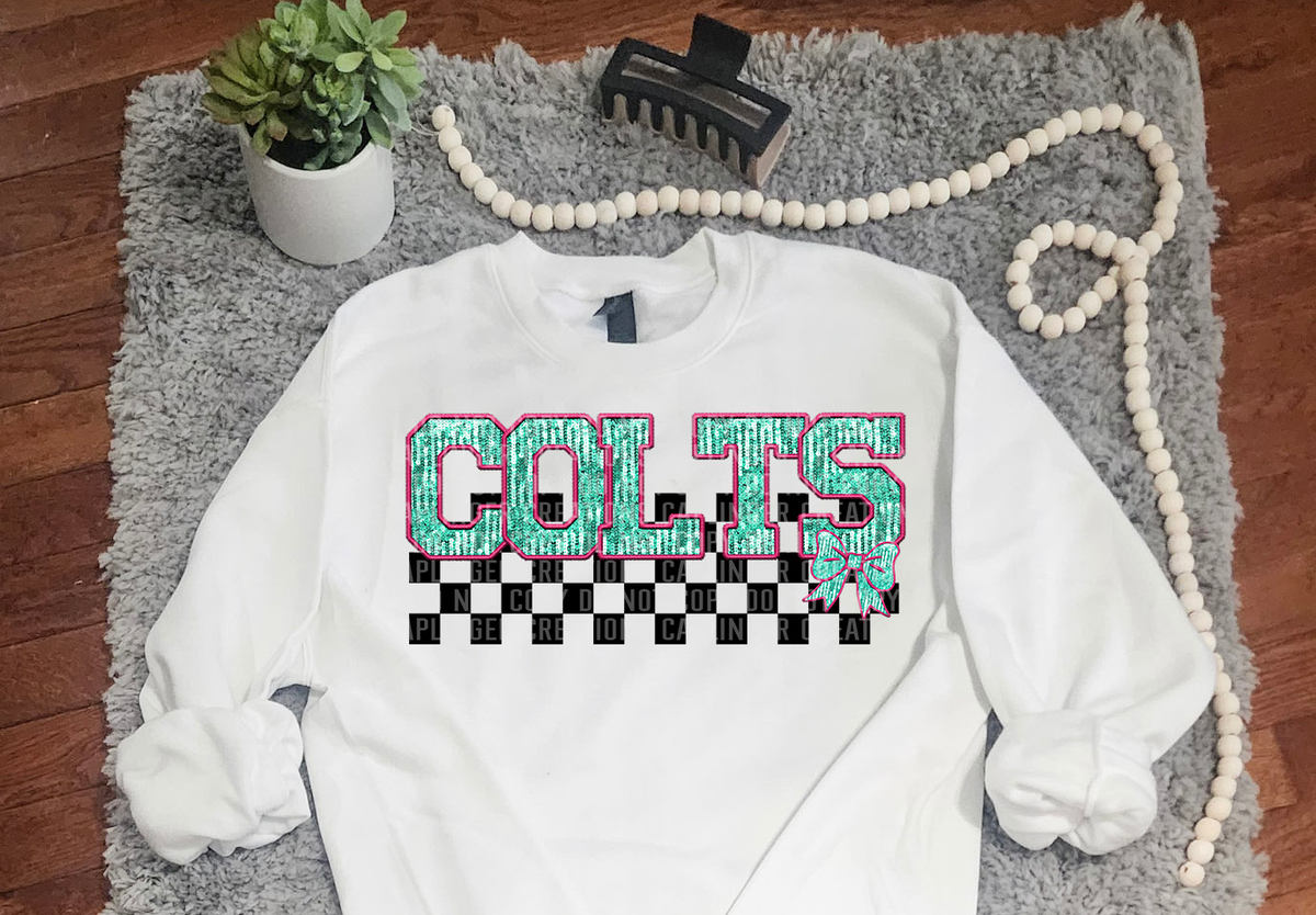 Turquoise And Pink Faux Embroidery Colts 74074 DTF Transfer