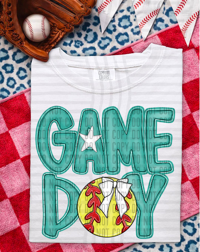 teal game day baseball white bow (Caplinger) DTF Transfer