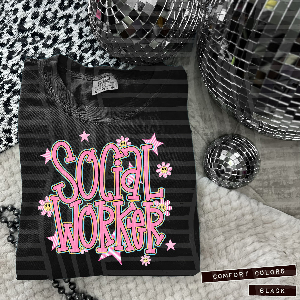 Social Worker Pink Flowers And Stars 108036 DTF transfer