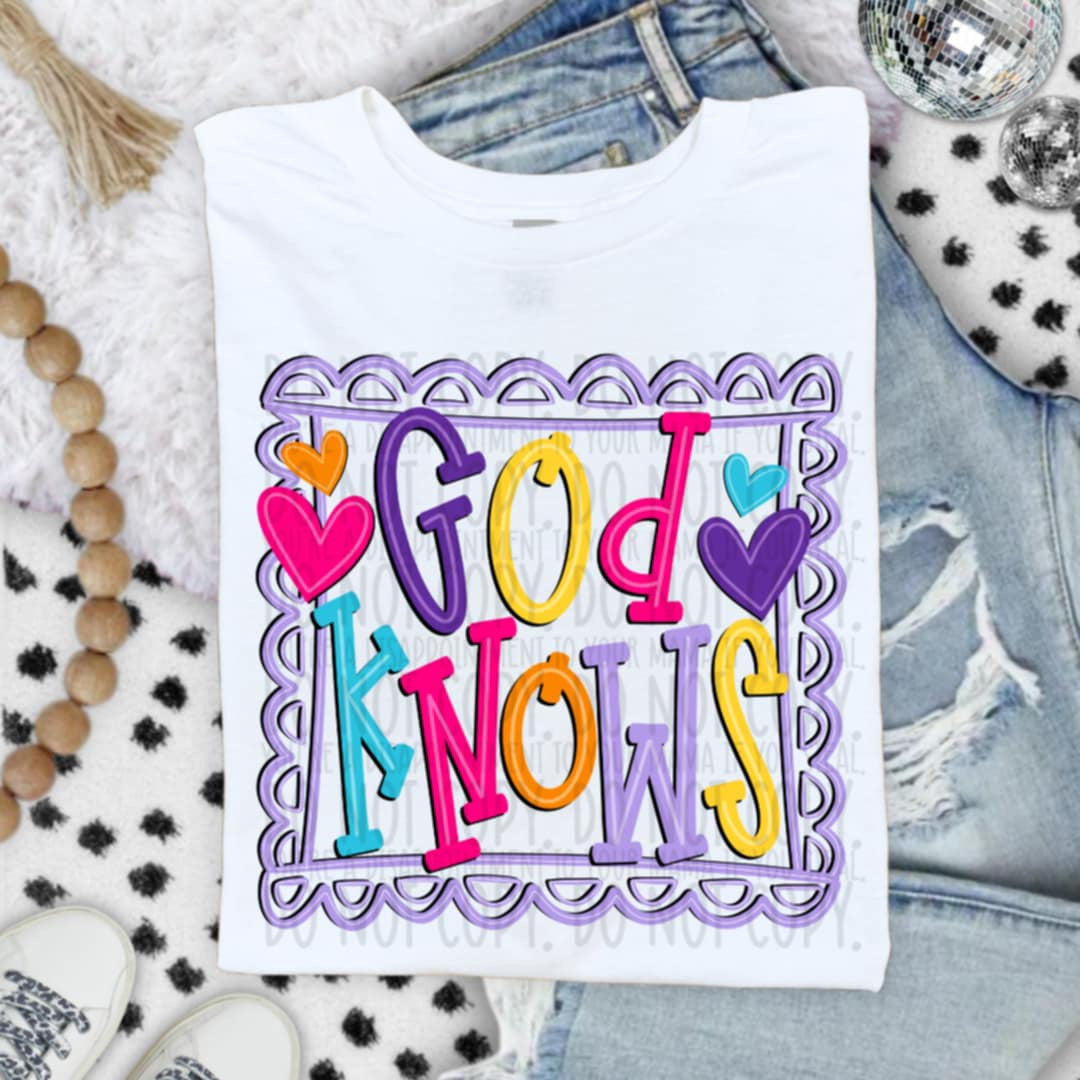 God Knows colorful frame SWD DTF transfer