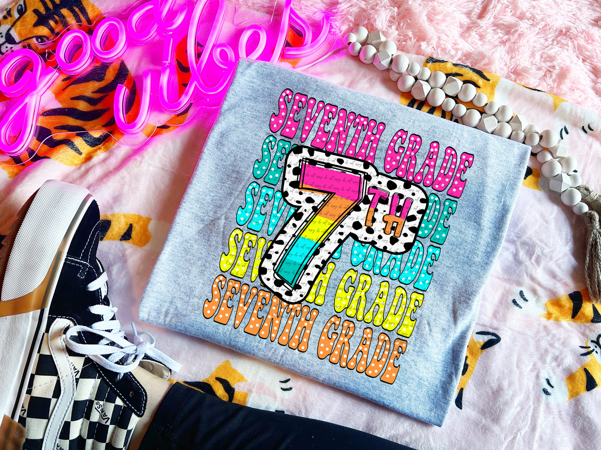 7th grade repeat print polka and rainbow 49778 DTF transfer